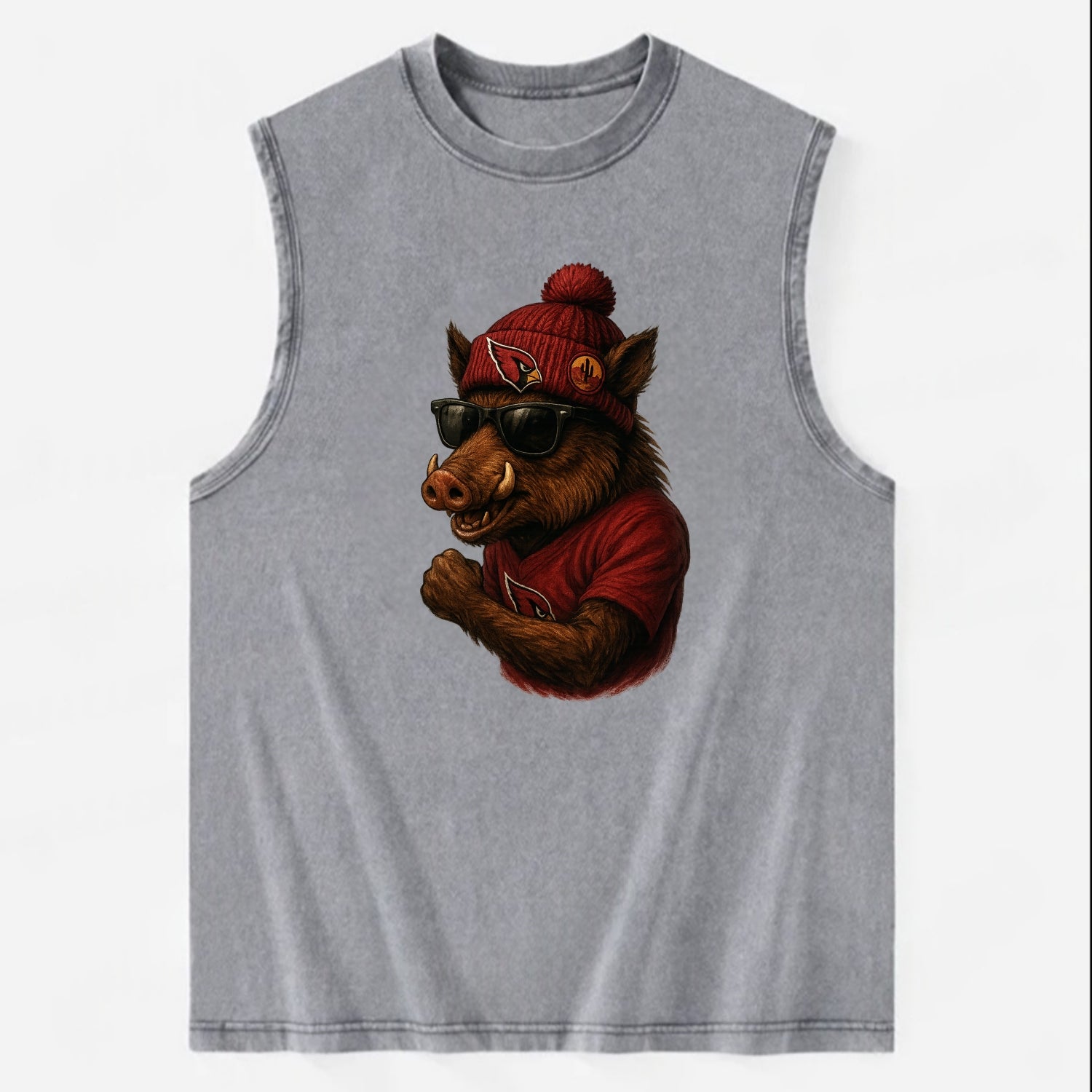 Arizona Javelina wearing Cardinals beanie with desert patch and wayfarer - Vintage Washed Tank - Grey