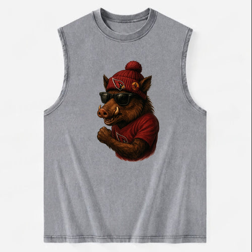 Arizona Javelina wearing Cardinals beanie with desert patch and wayfarer - Vintage Washed Tank