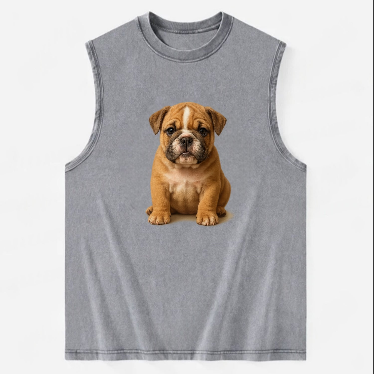 Baby Bulldog Puppy - wrinkly face, underbite, stocky body, gentle eyes, - Vintage Washed Tank - Grey