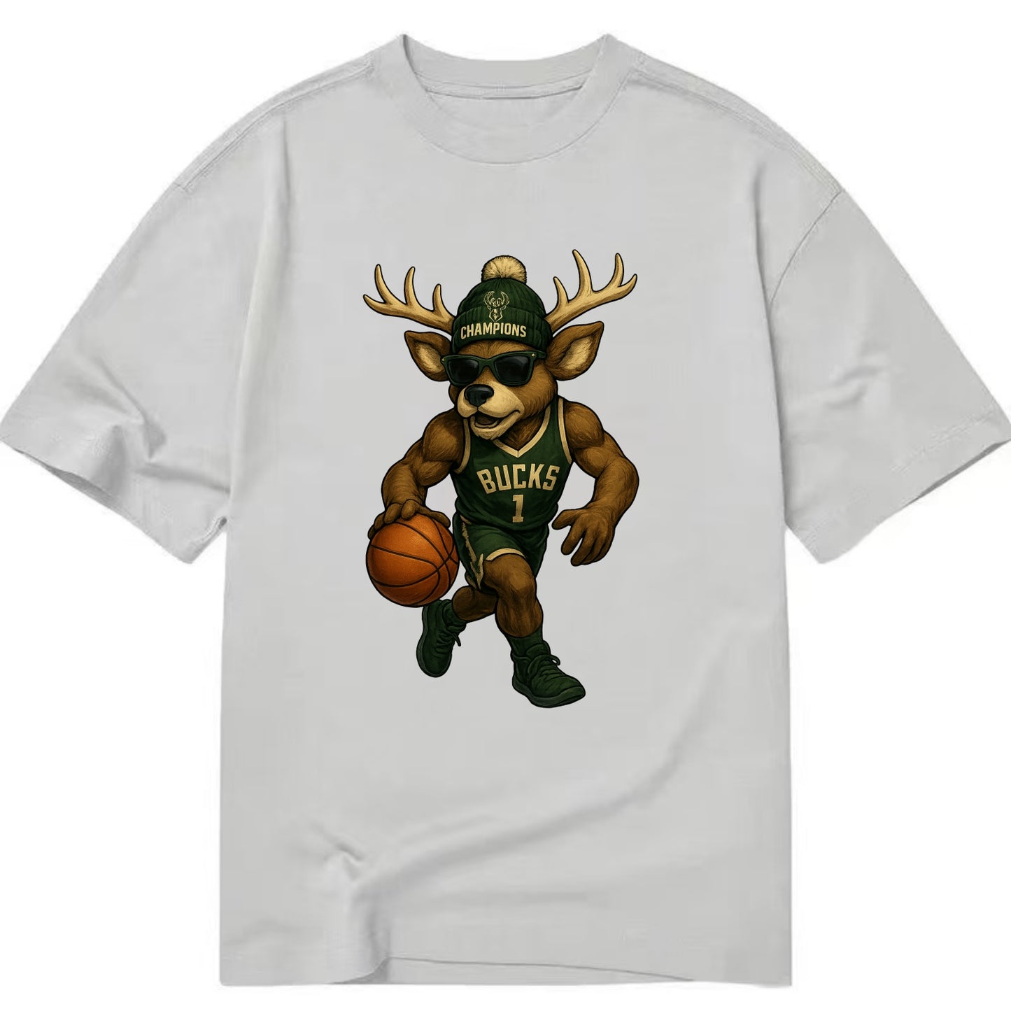 Milwaukee Buck Deer wearing Bucks green and cream beanie with antlers and - Classic T-shirt - Grey