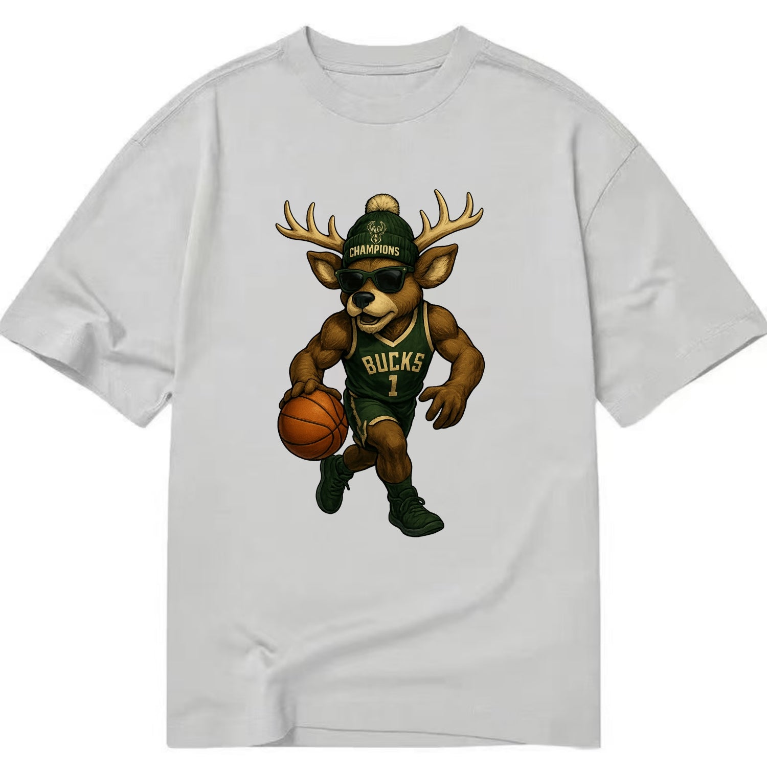 Milwaukee Buck Deer wearing Bucks green and cream beanie with antlers and - Classic T-shirt - Grey