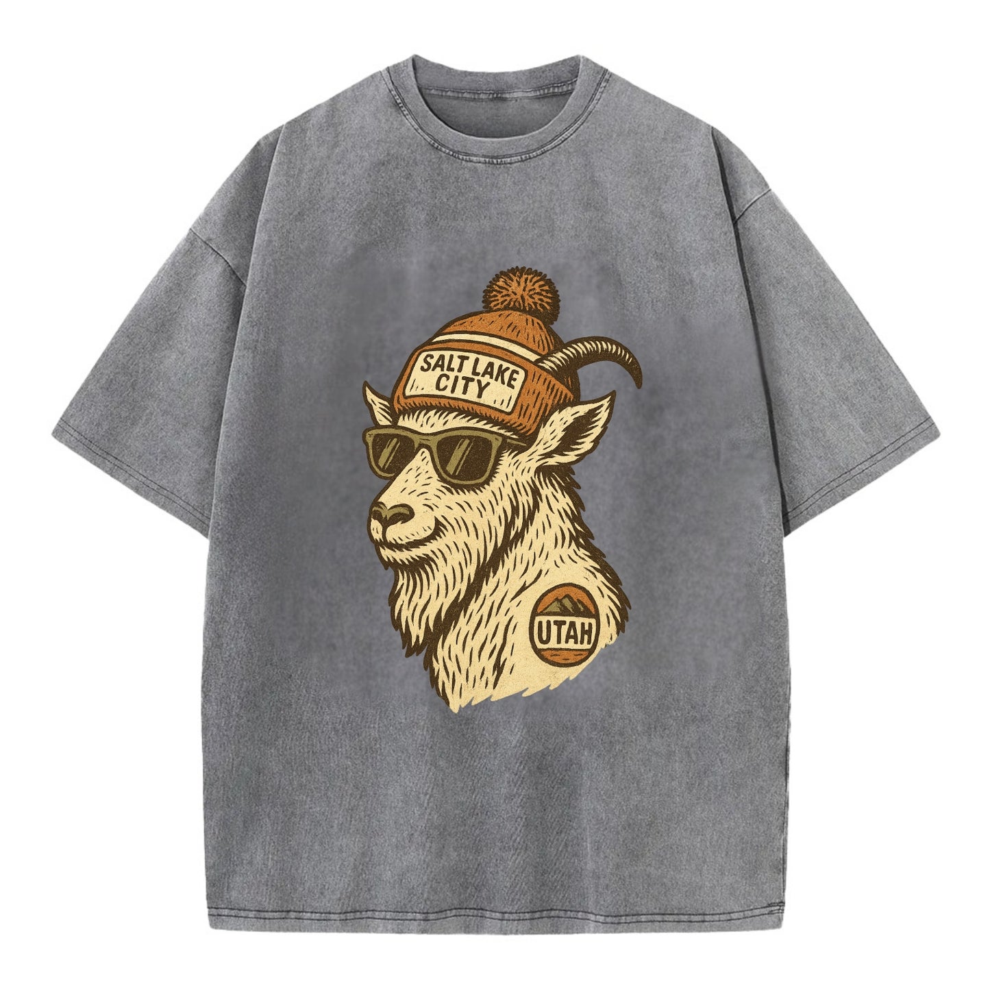 Utah Mountain Goat wearing Salt Lake City beanie with pom pom and wayfarer - Vintage T-shirt - Grey