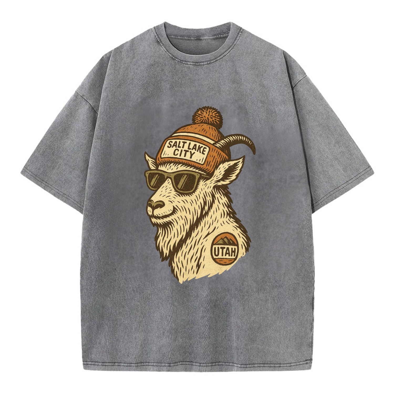 Utah Mountain Goat wearing Salt Lake City beanie with pom pom and wayfarer - Vintage T-shirt - Grey