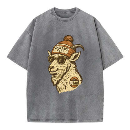 Utah Mountain Goat wearing Salt Lake City beanie with pom pom and wayfarer - Vintage T-shirt - Grey