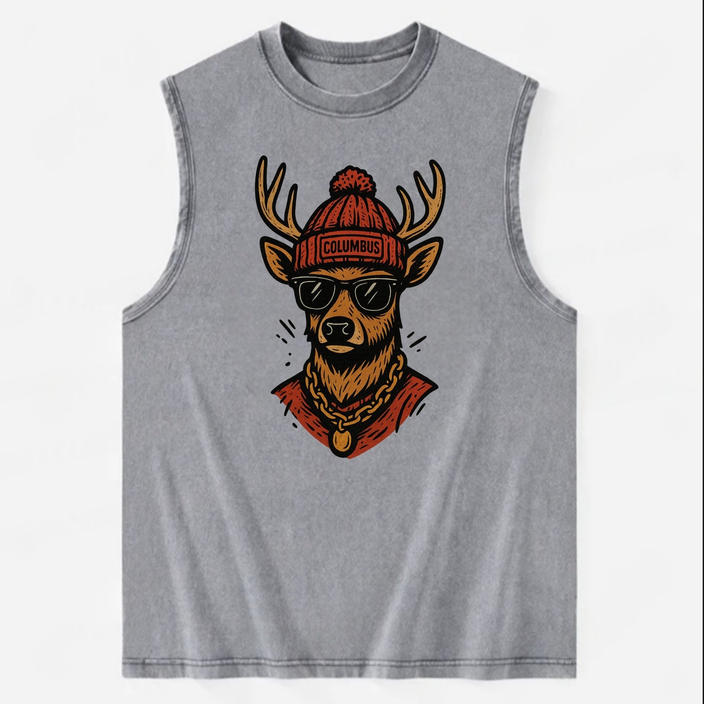 Columbus White-tailed Deer wearing Columbus beanie with pom pom and wayfarer - Vintage Washed Tank - Grey