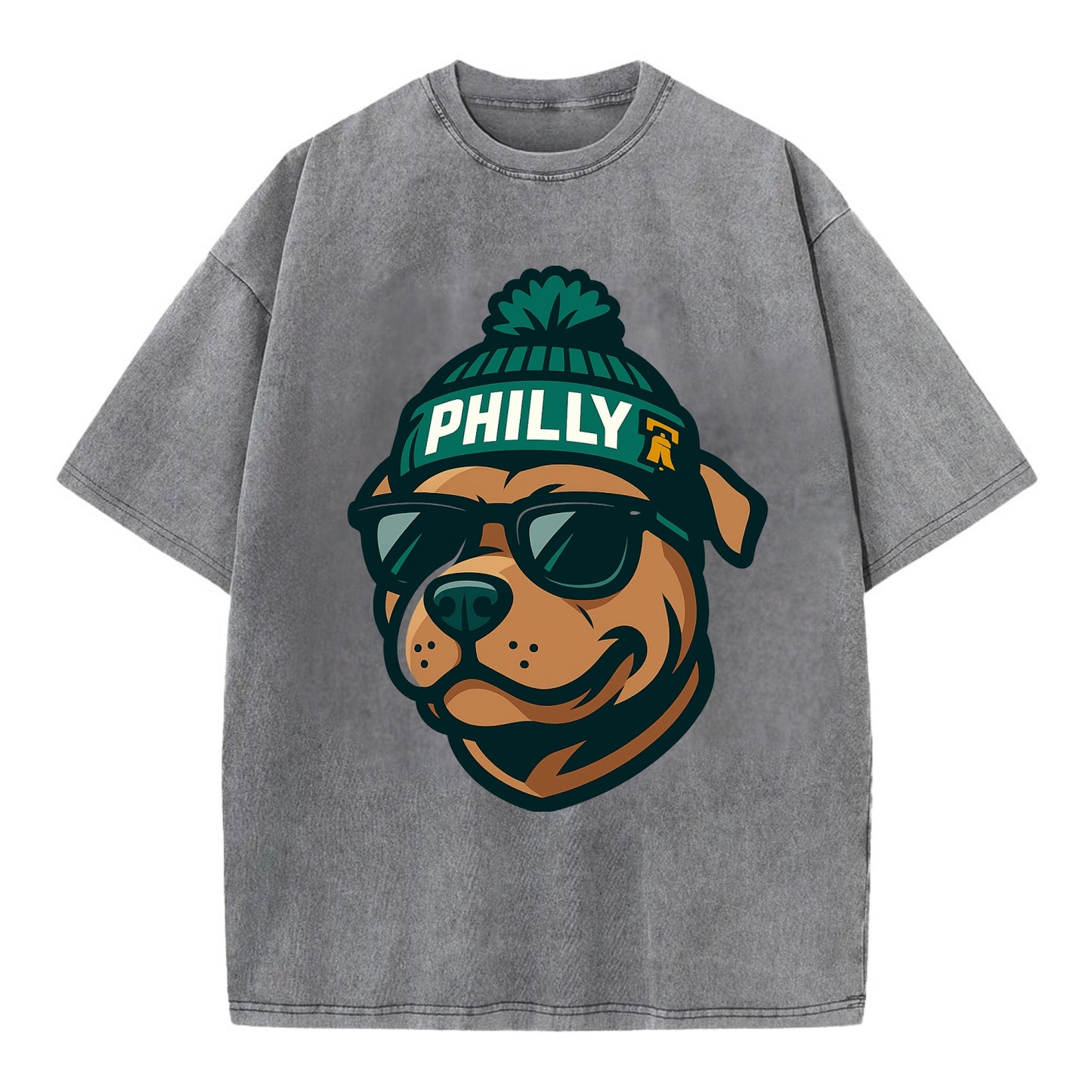 Philly Pitbull wearing Eagles beanie with Liberty Bell patch and wayfarer - Vintage T-shirt - Grey