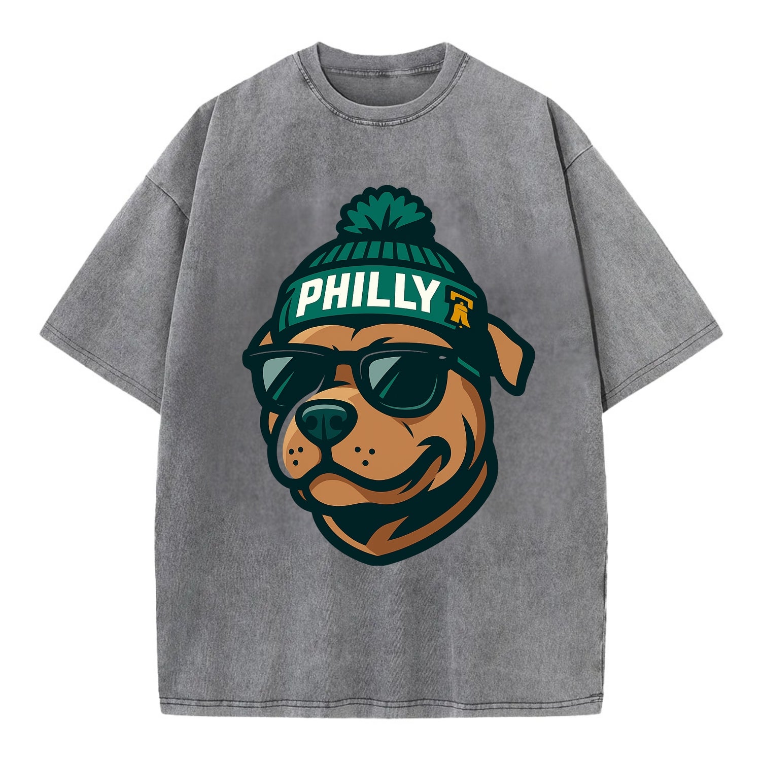 Philly Pitbull wearing Eagles beanie with Liberty Bell patch and wayfarer - Vintage T-shirt - Grey