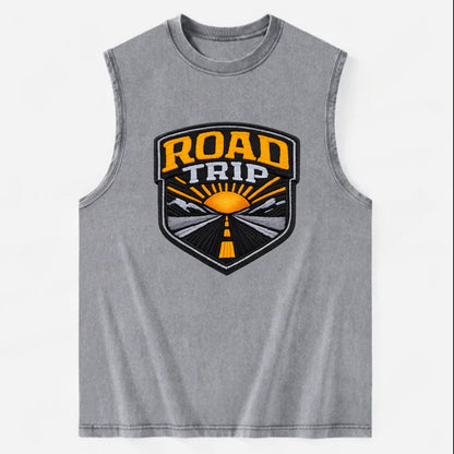 ROAD TRIP - highway and sun in orange and gray , open road - Vintage Washed Tank - Grey