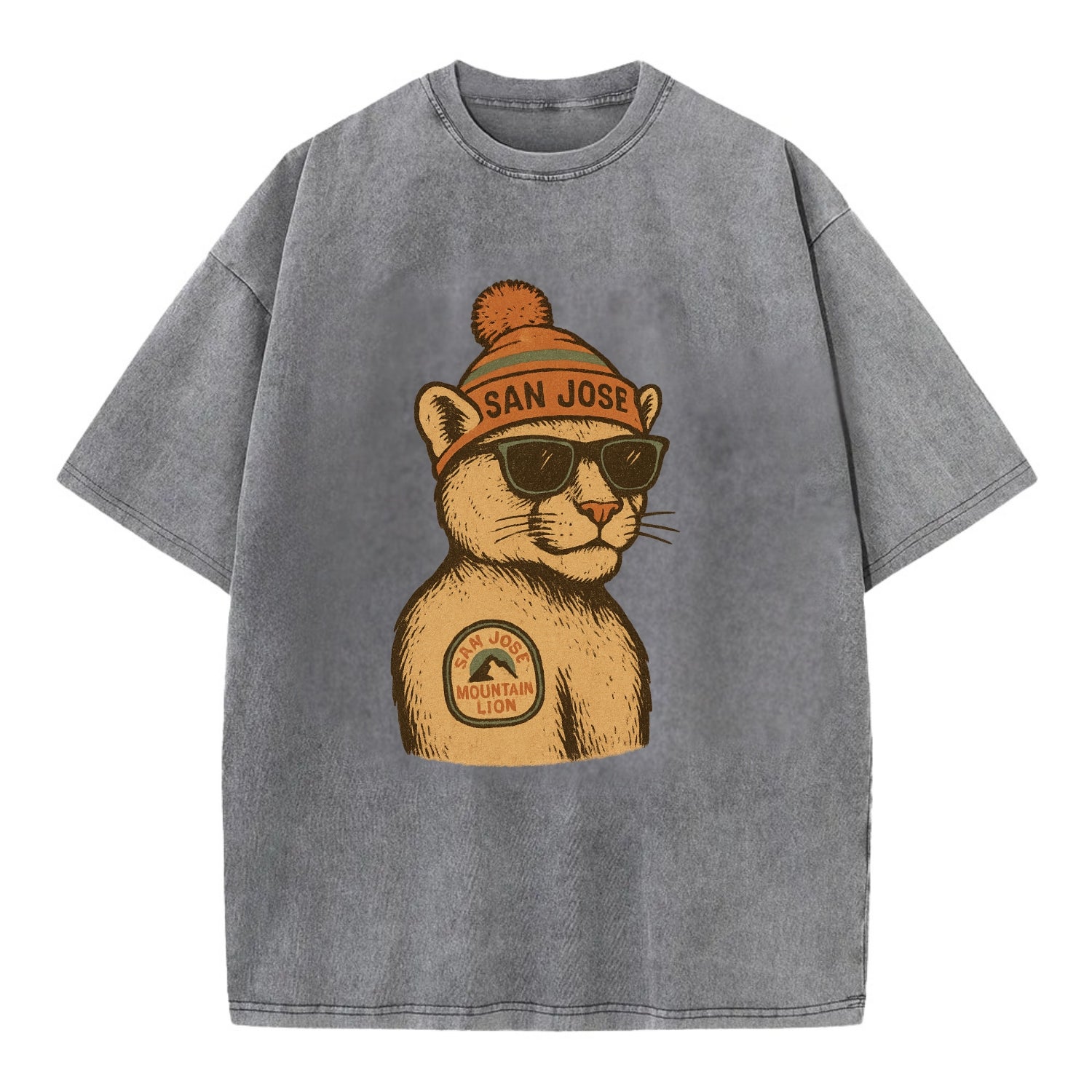 San Jose Mountain Lion wearing San Jose beanie with pom pom and wayfarer - Vintage T-shirt - Grey