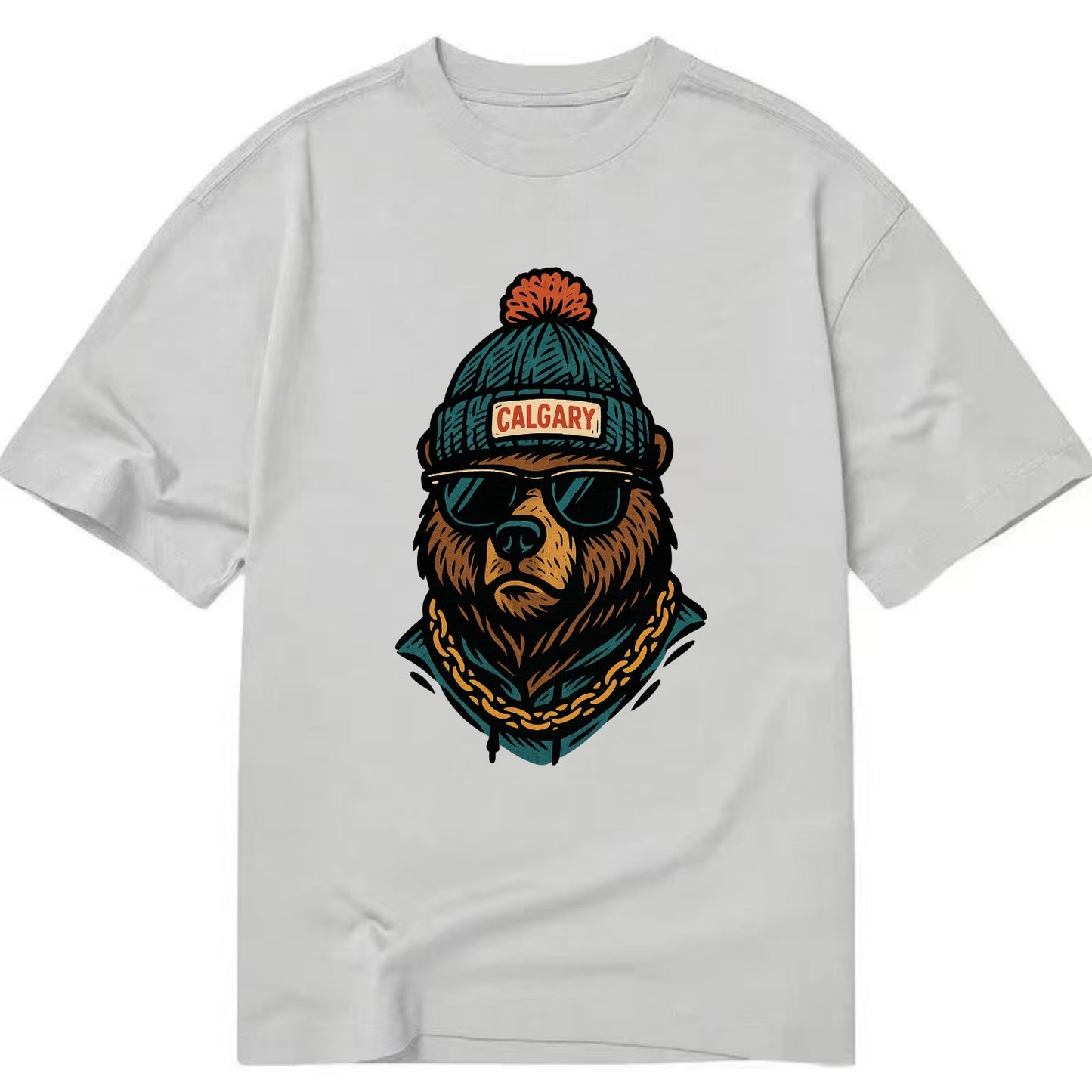 Calgary Grizzly Bear wearing Calgary beanie with pom pom and wayfarer sunglasses - Classic T-shirt - Grey