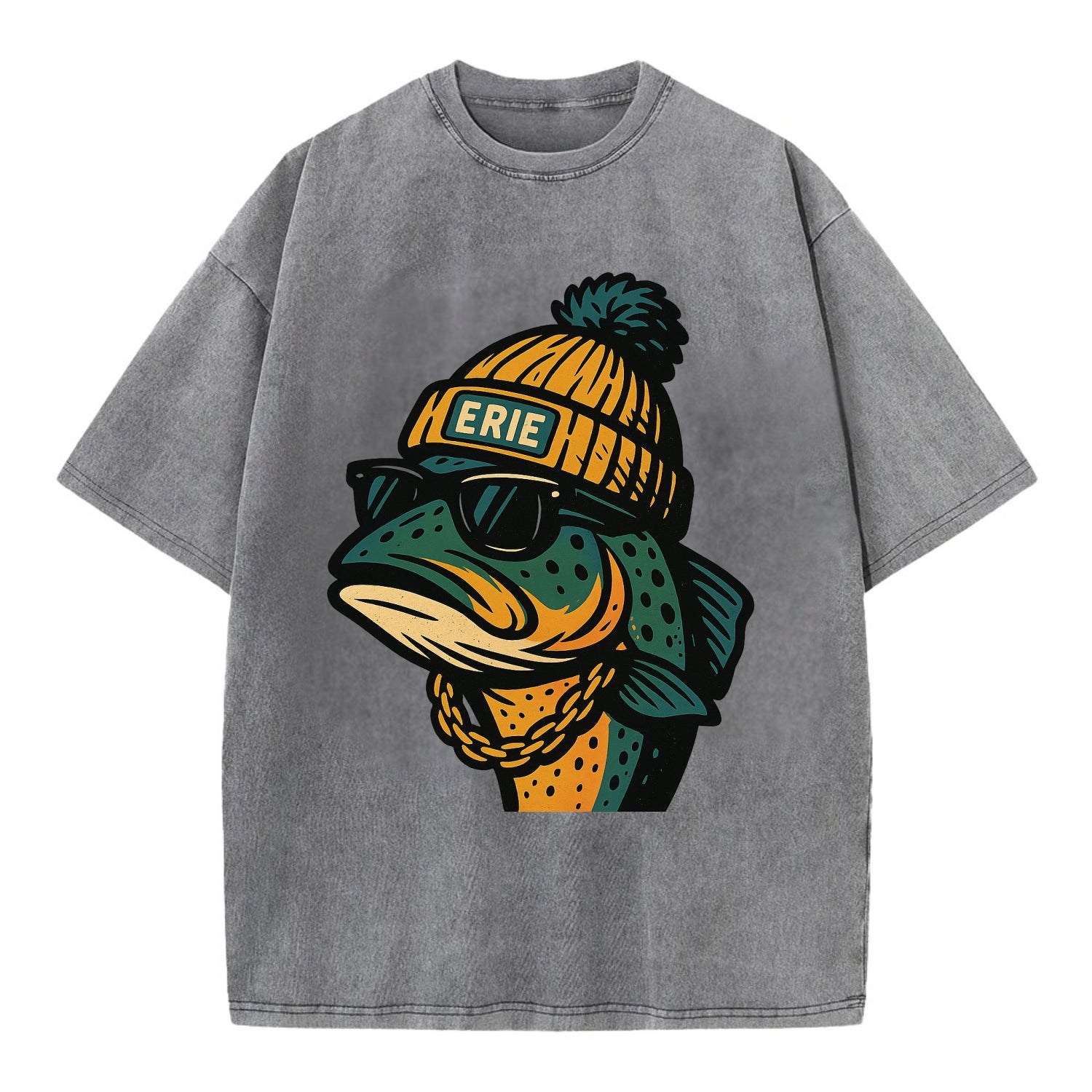 Erie Lake Trout wearing Erie beanie with pom pom and wayfarer sunglasses - Vintage T-shirt - Grey