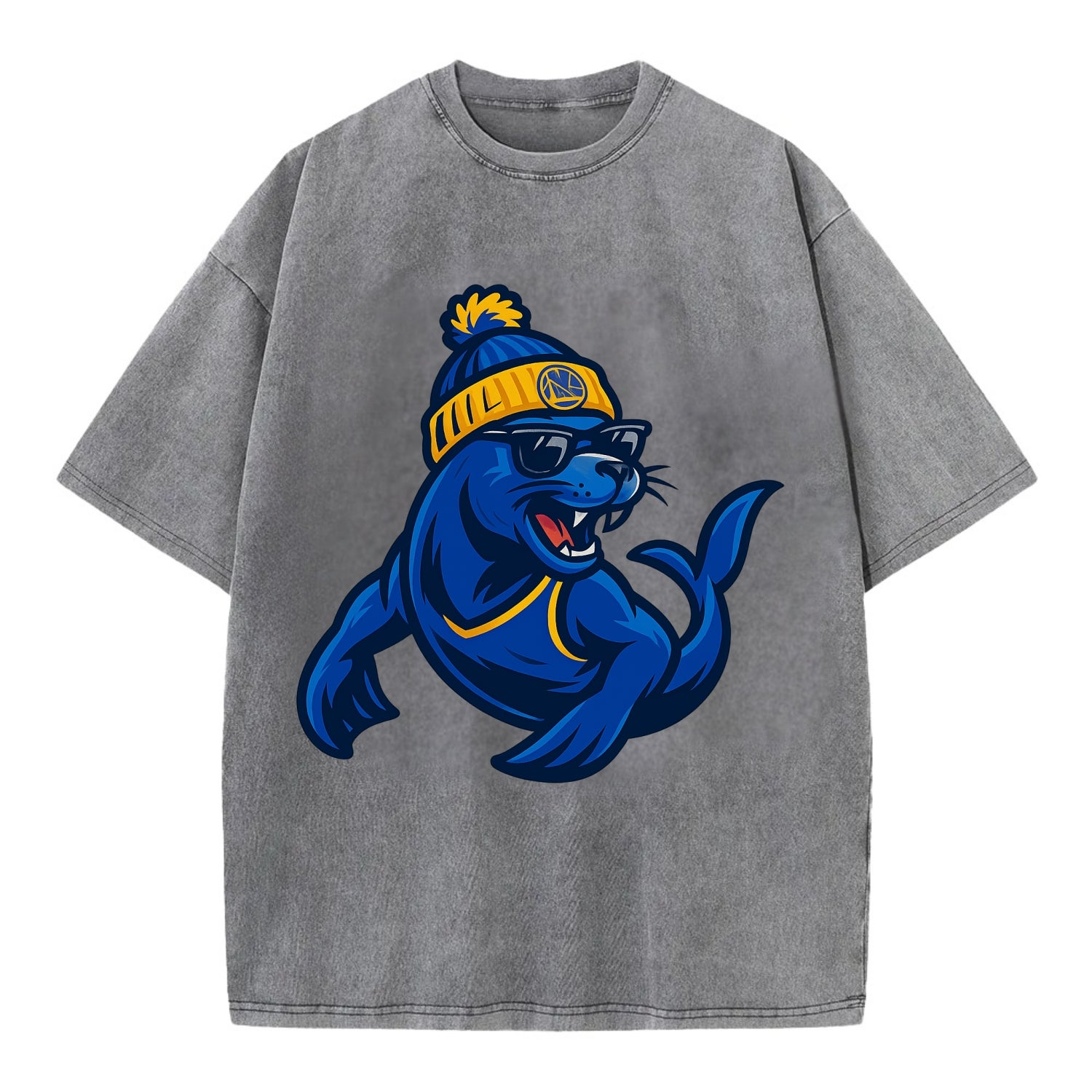 Bay Area Sea Lion wearing Warriors blue and gold beanie with Golden Gate and - Vintage T-shirt - Grey