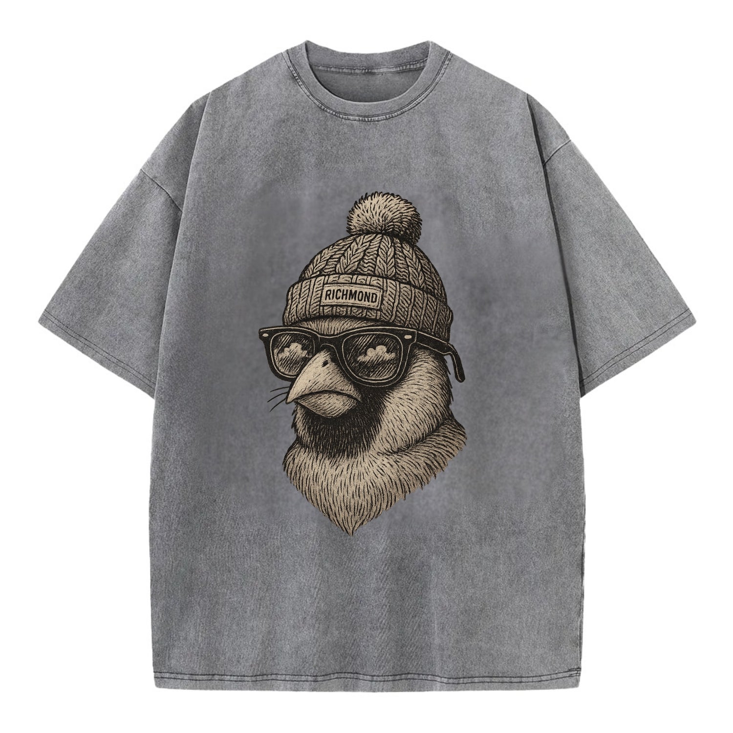 Virginia Cardinal wearing Richmond beanie with pom pom and wayfarer sunglasses - Vintage T-shirt - Grey