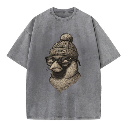 Virginia Cardinal wearing Richmond beanie with pom pom and wayfarer sunglasses - Vintage T-shirt - Grey