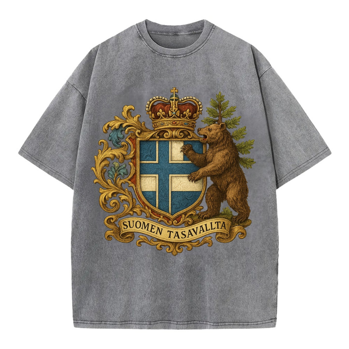 Finland Brown Bear Emblem  - Vintage T-shirt - Grey