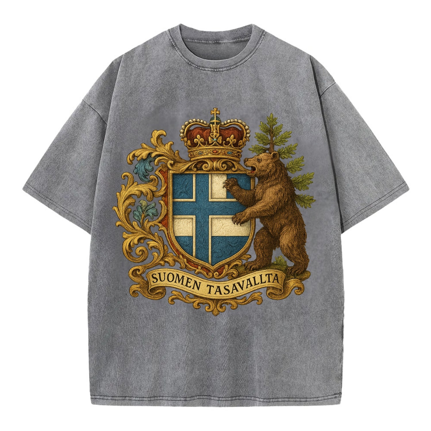 Finland Brown Bear Emblem  - Vintage T-shirt - Grey