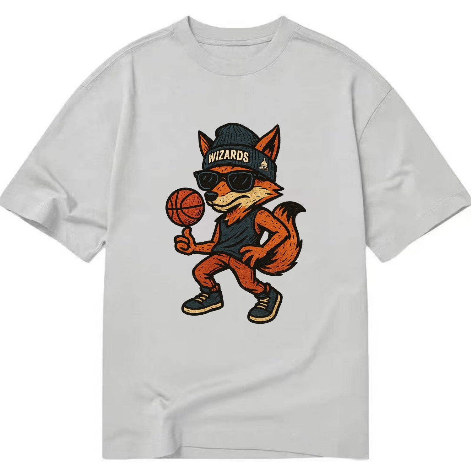 Washington Fox wearing Wizards beanie with capitol patch and wayfarer sunglasses - Classic T-shirt - Grey