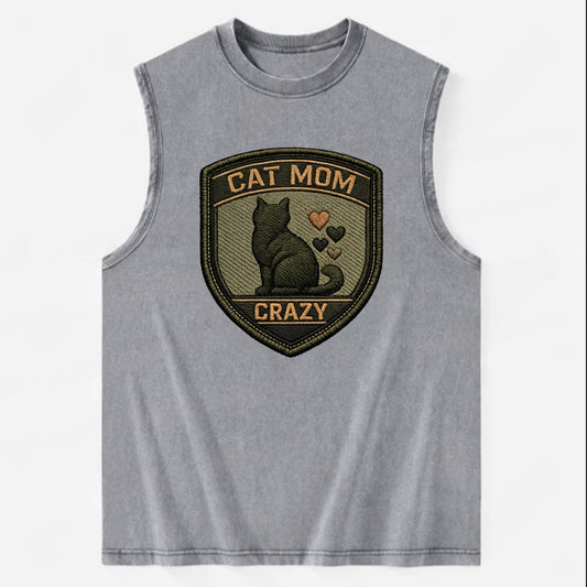 CAT MOM CRAZY - cat silhouette with hearts in purple , cat lady - Vintage Washed Tank - Grey