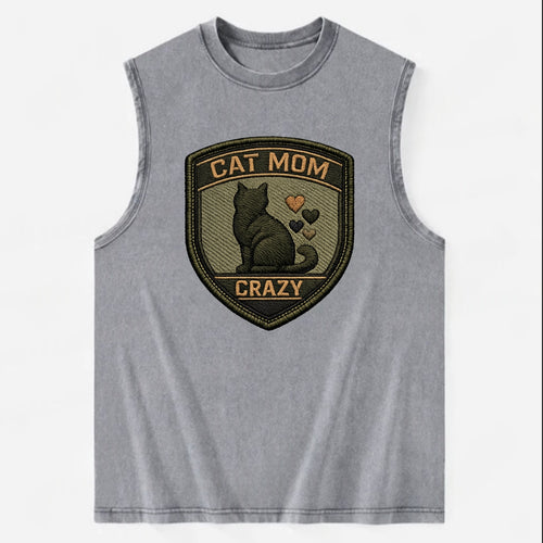 CAT MOM CRAZY - cat silhouette with hearts in purple , cat lady - Vintage Washed Tank