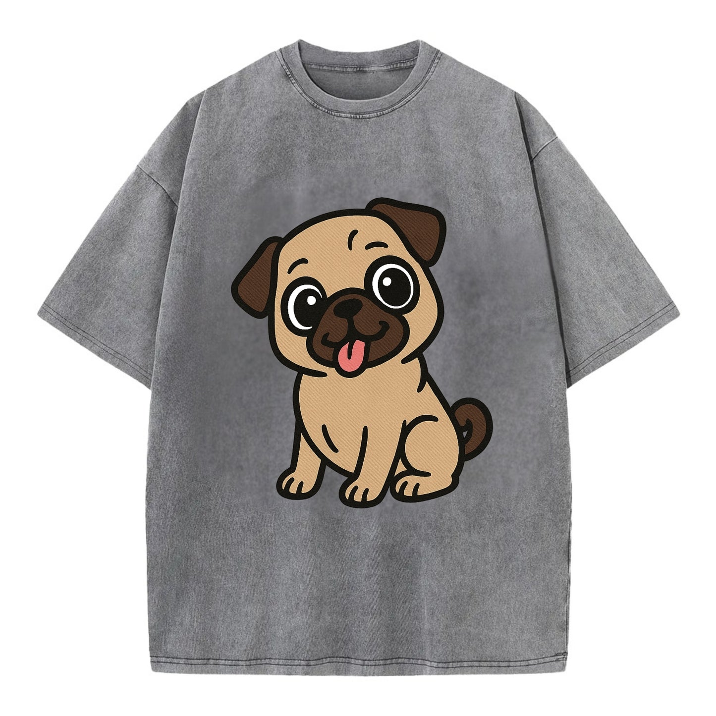 Pug - Tilted head with tongue out - Vintage T-shirt - Grey