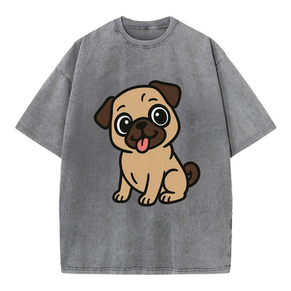 Pug - Tilted head with tongue out - Vintage T-shirt - Grey