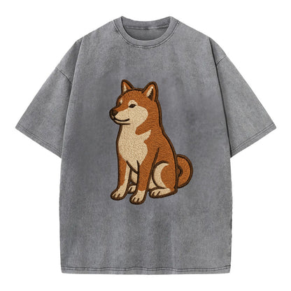 Shiba Inu - Red sesame embroidered sitti Vintage T-shirt - Grey