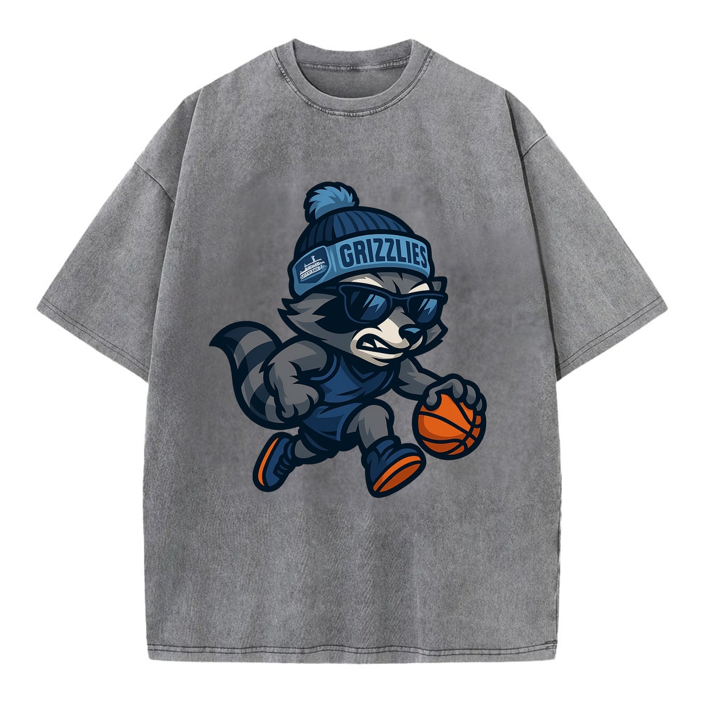 Memphis Raccoon wearing Grizzlies beanie with riverboat patch and wayfarer - Vintage T-shirt - Grey