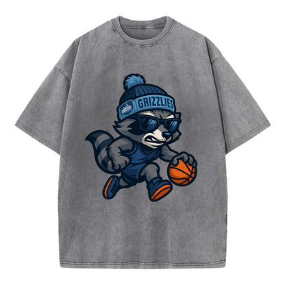 Memphis Raccoon wearing Grizzlies beanie with riverboat patch and wayfarer - Vintage T-shirt - Grey