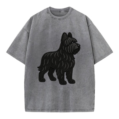 Briard - Black wavy coat embroidered herding pose - Vintage T-shirt - Grey