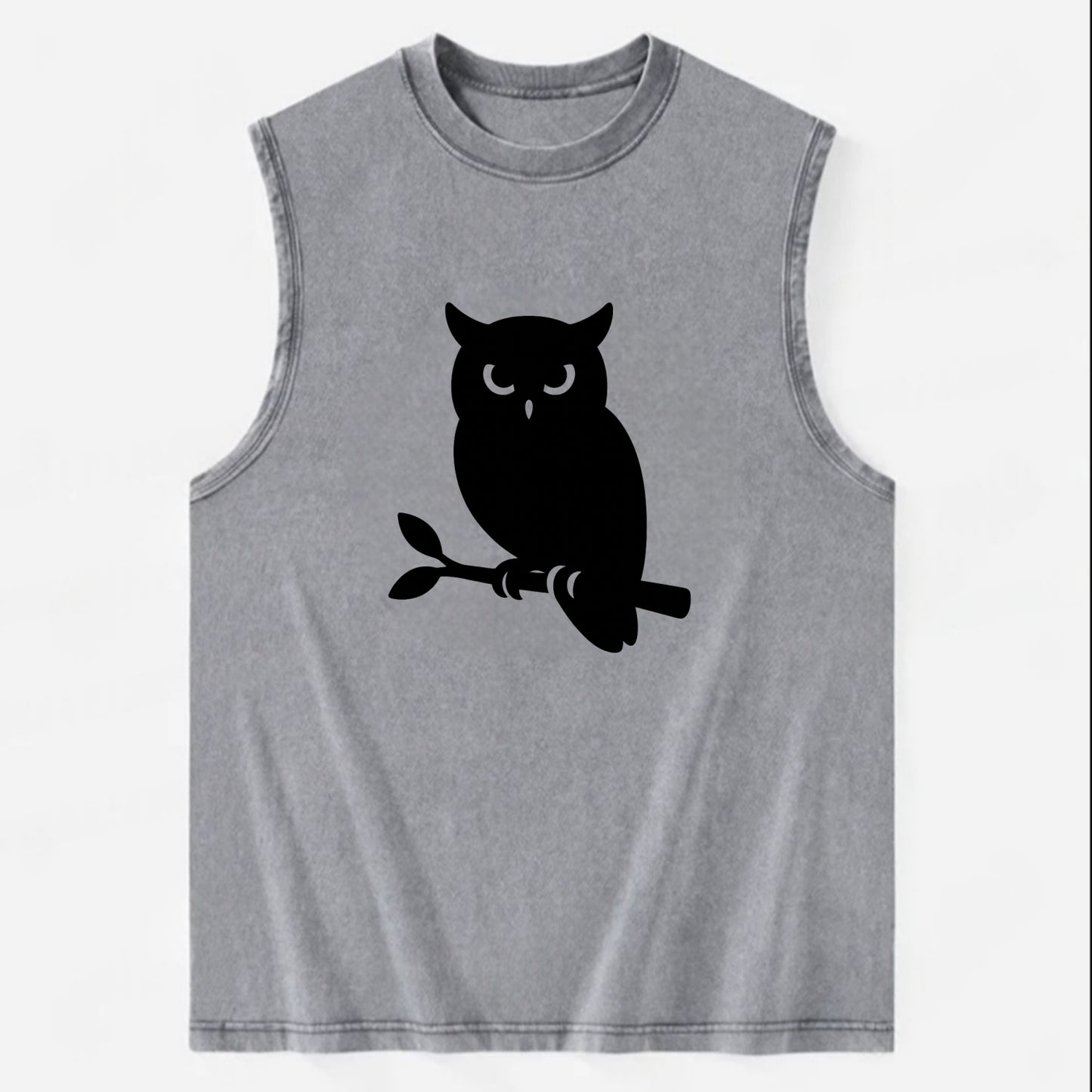 Owl perched on branch at night - Vintage Washed Tank - Grey