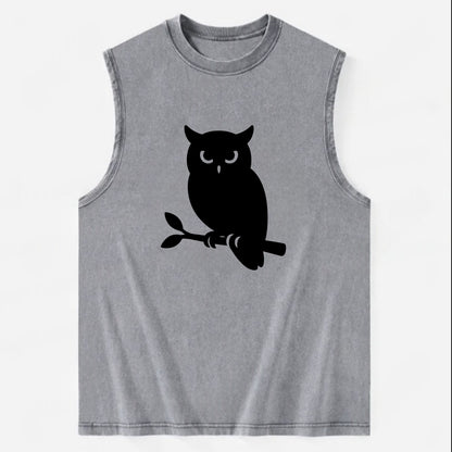 Owl perched on branch at night - Vintage Washed Tank - Grey