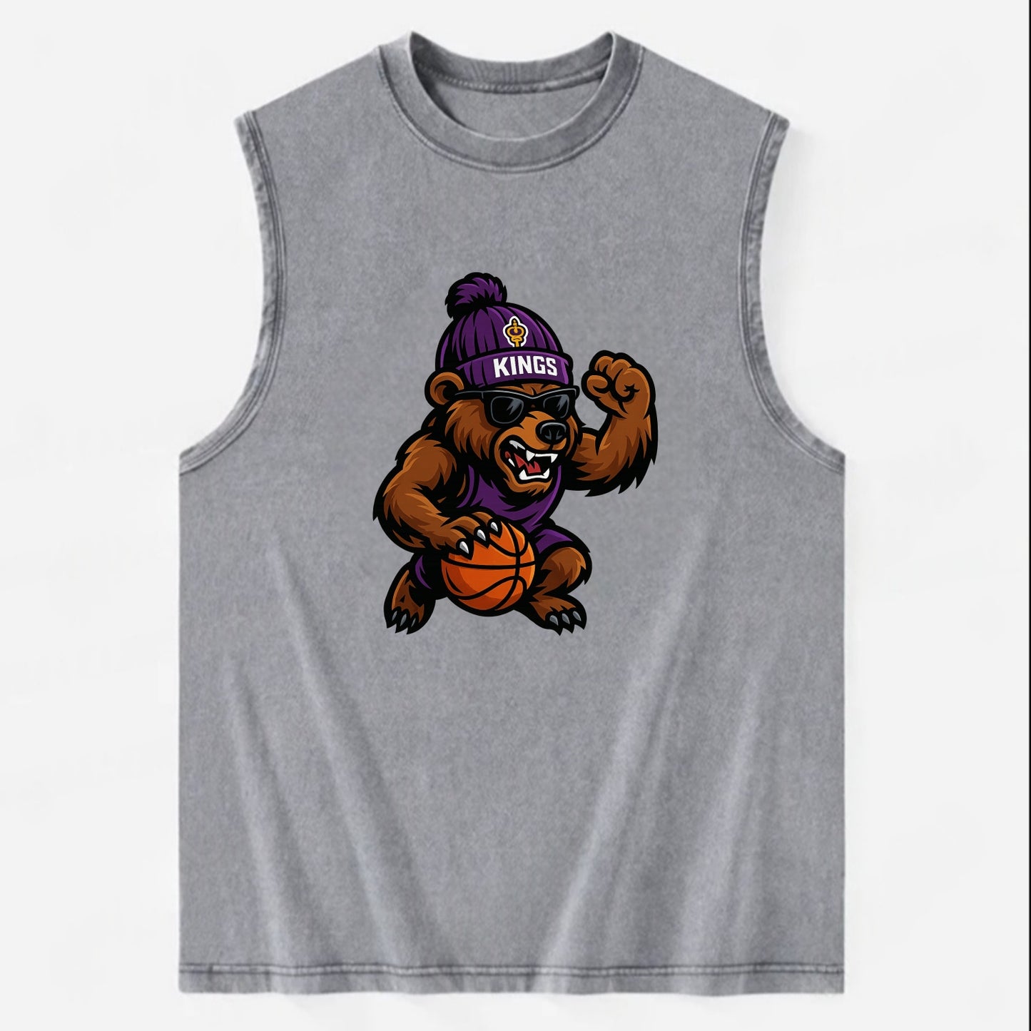 California Grizzly wearing Kings beanie with royal scepter patch and wayfarer - Vintage Washed Tank - Grey