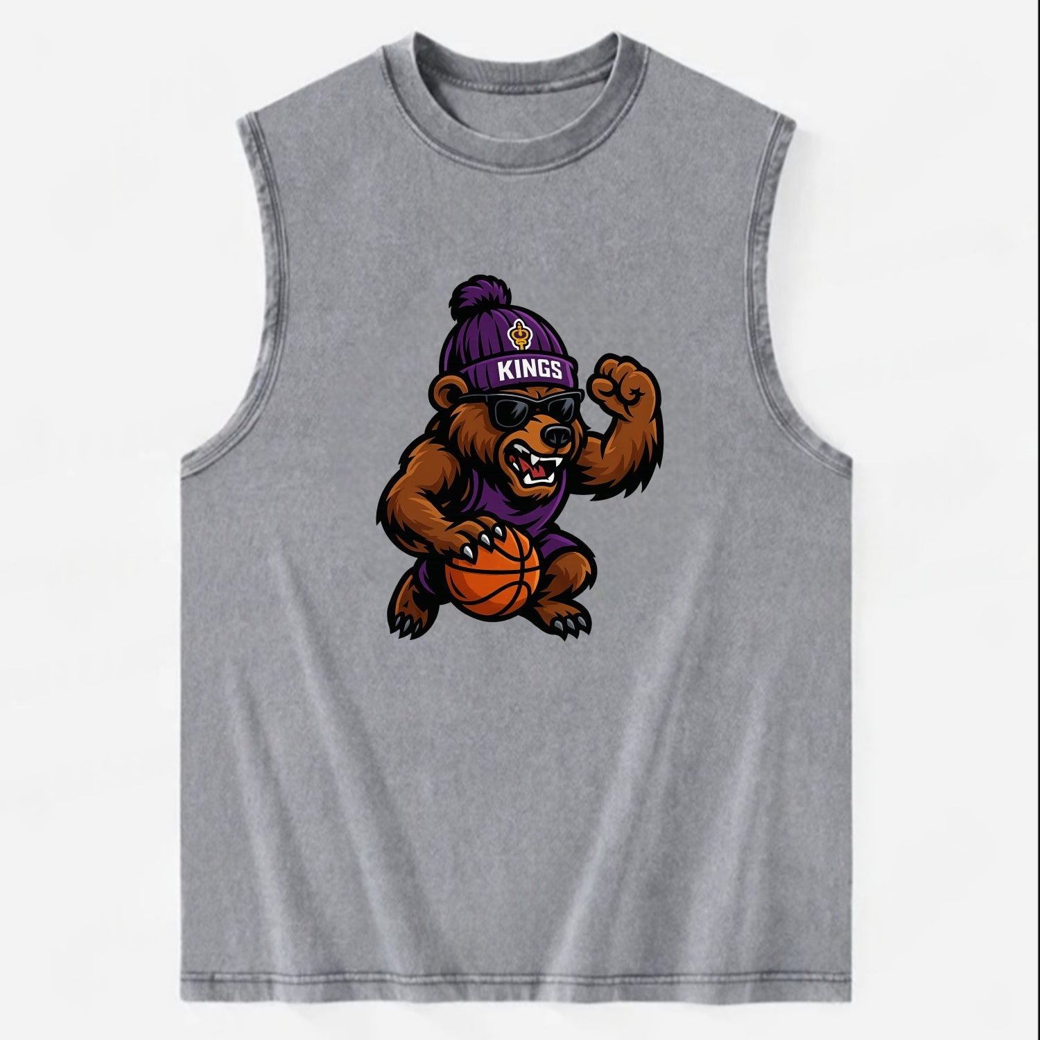 California Grizzly wearing Kings beanie with royal scepter patch and wayfarer - Vintage Washed Tank - Grey