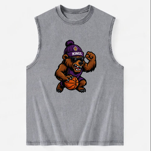 California Grizzly wearing Kings beanie with royal scepter patch and wayfarer - Vintage Washed Tank