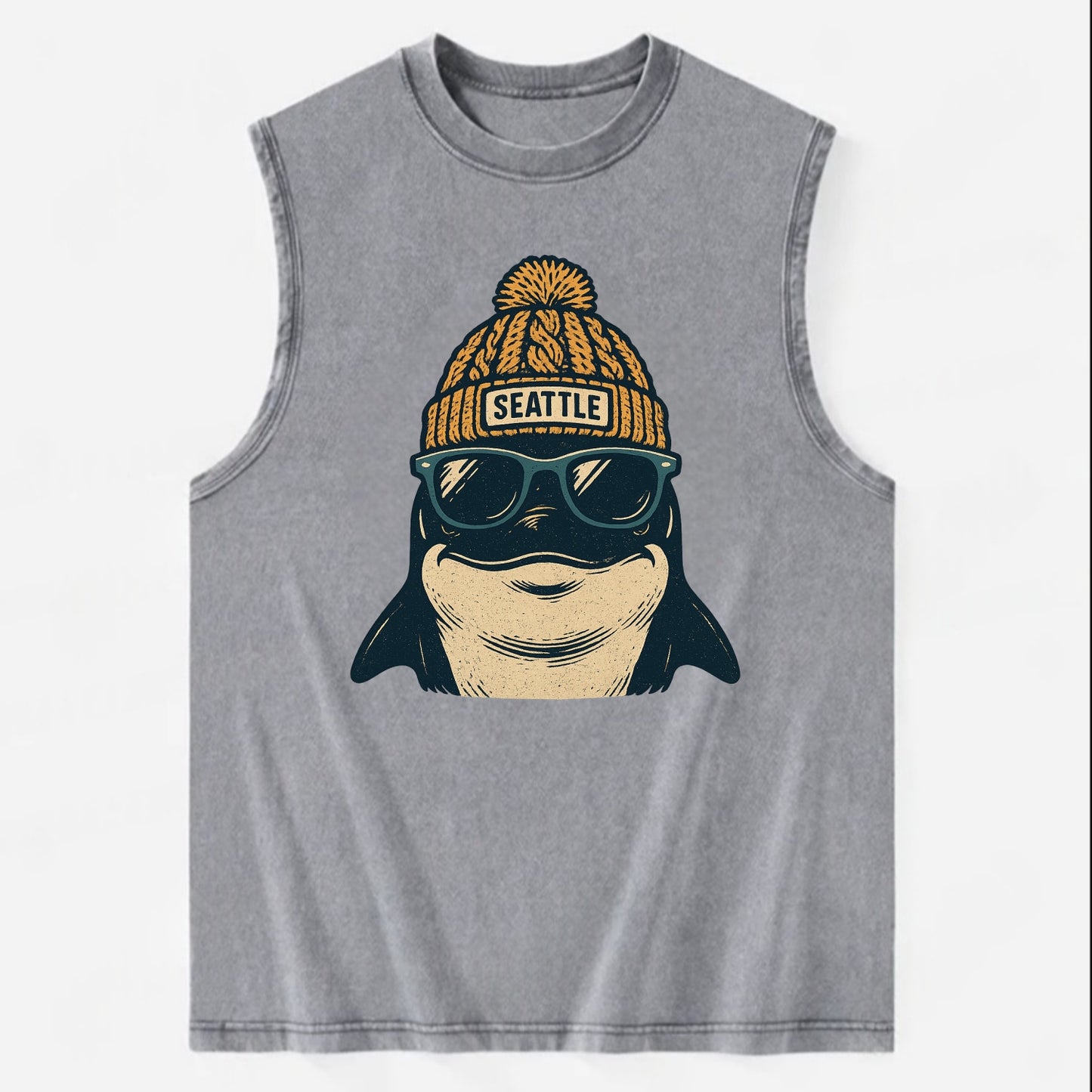 Seattle Orca wearing Seattle beanie with pom pom and wayfarer sunglasses - Vintage Washed Tank - Grey