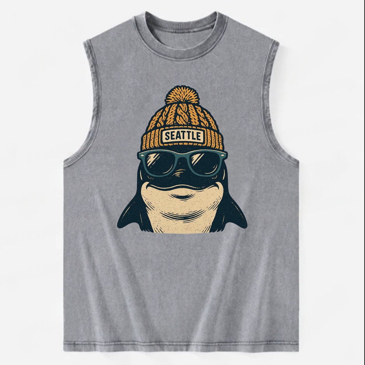 Seattle Orca wearing Seattle beanie with pom pom and wayfarer sunglasses - Vintage Washed Tank - Grey