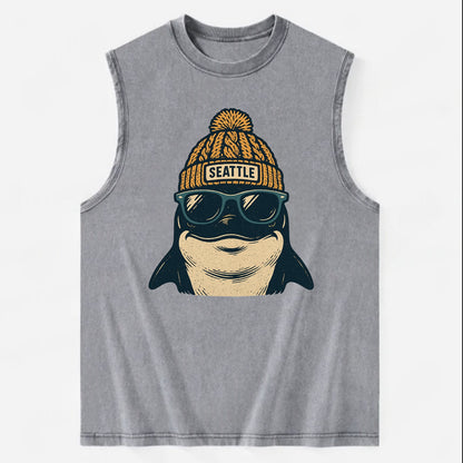 Seattle Orca wearing Seattle beanie with pom pom and wayfarer sunglasses - Vintage Washed Tank - Grey