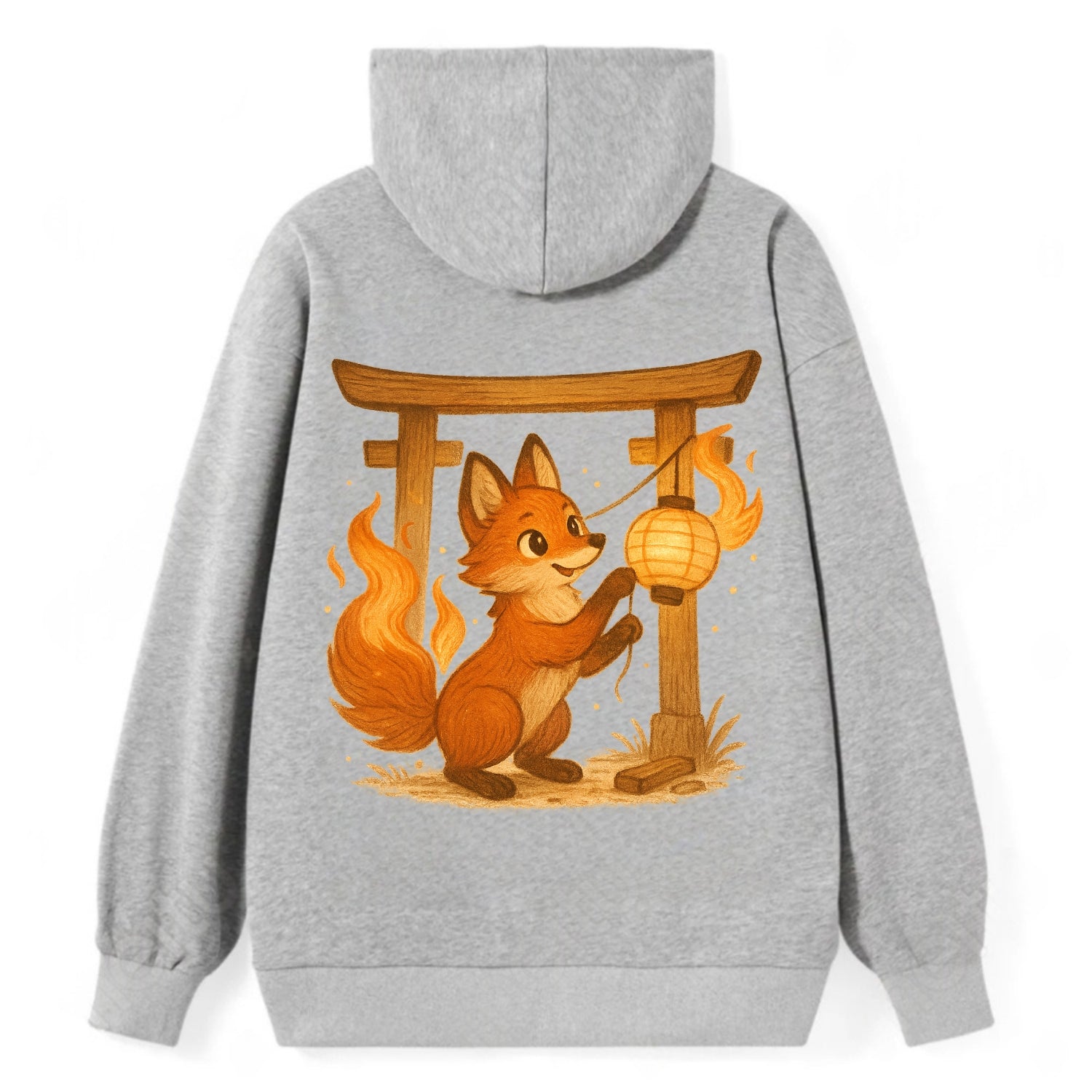 Foxfire kitsune stringing lanterns along a torii gate with tails of - Classic Pullover Hoodie - Grey