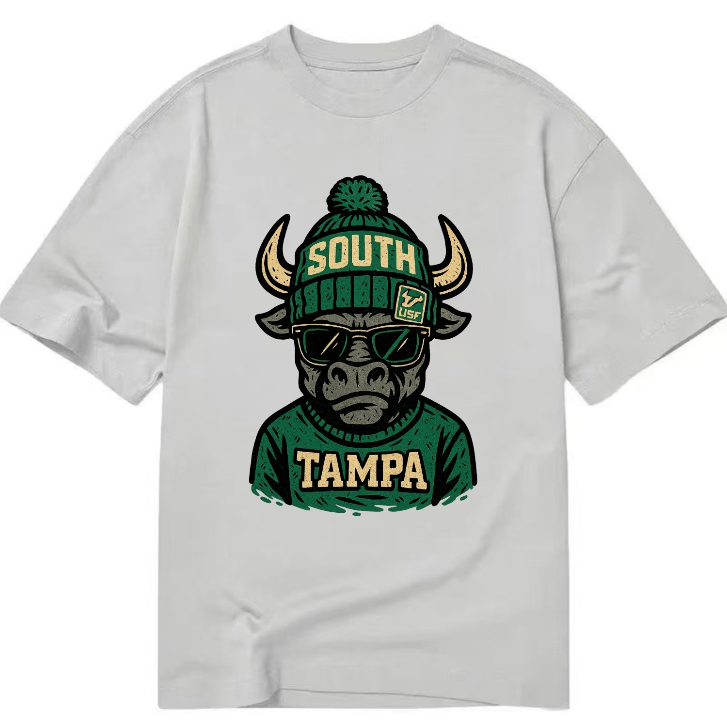 Tampa Bull wearing South Florida beanie with USF patch - Classic T-shirt - Grey