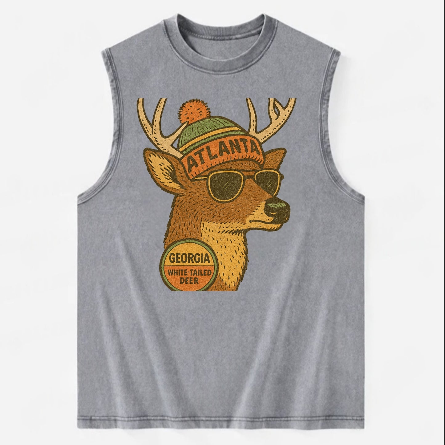 Georgia White-tailed Deer wearing Atlanta beanie with pom pom and wayfarer - Vintage Washed Tank - Grey
