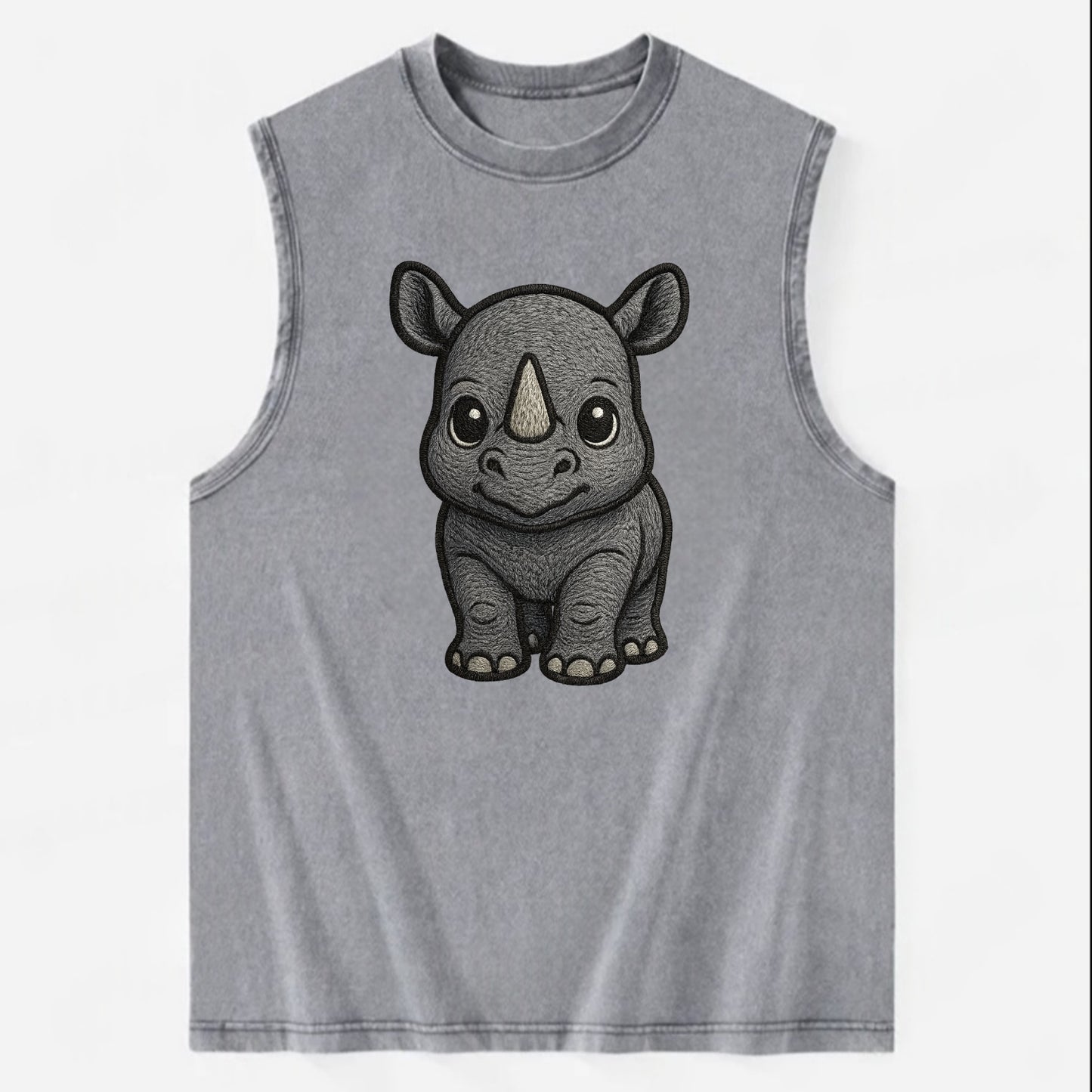 Baby Rhino - gray armor skin, tiny horn nub, round eyes, front-facing, tank - Vintage Washed Tank - Grey