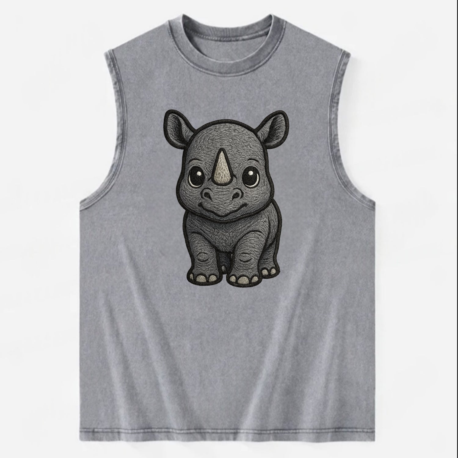 Baby Rhino - gray armor skin, tiny horn nub, round eyes, front-facing, tank - Vintage Washed Tank - Grey