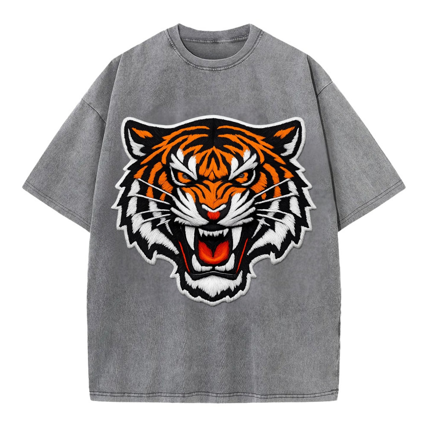 TIGER STRIPES FACE - fierce tiger face in orange, black and white , predator power - Vintage T-shirt - Grey