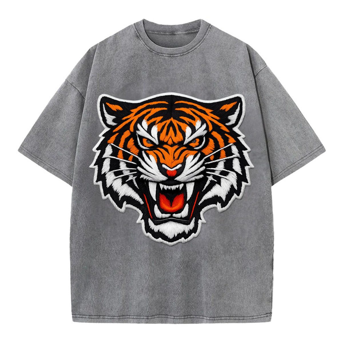 TIGER STRIPES FACE - fierce tiger face in orange, black and white , predator power - Vintage T-shirt - Grey