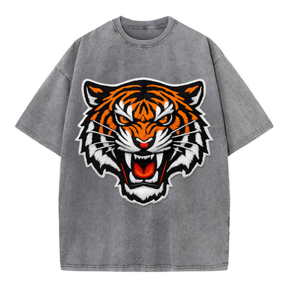 TIGER STRIPES FACE - fierce tiger face in orange, black and white , predator power - Vintage T-shirt - Grey