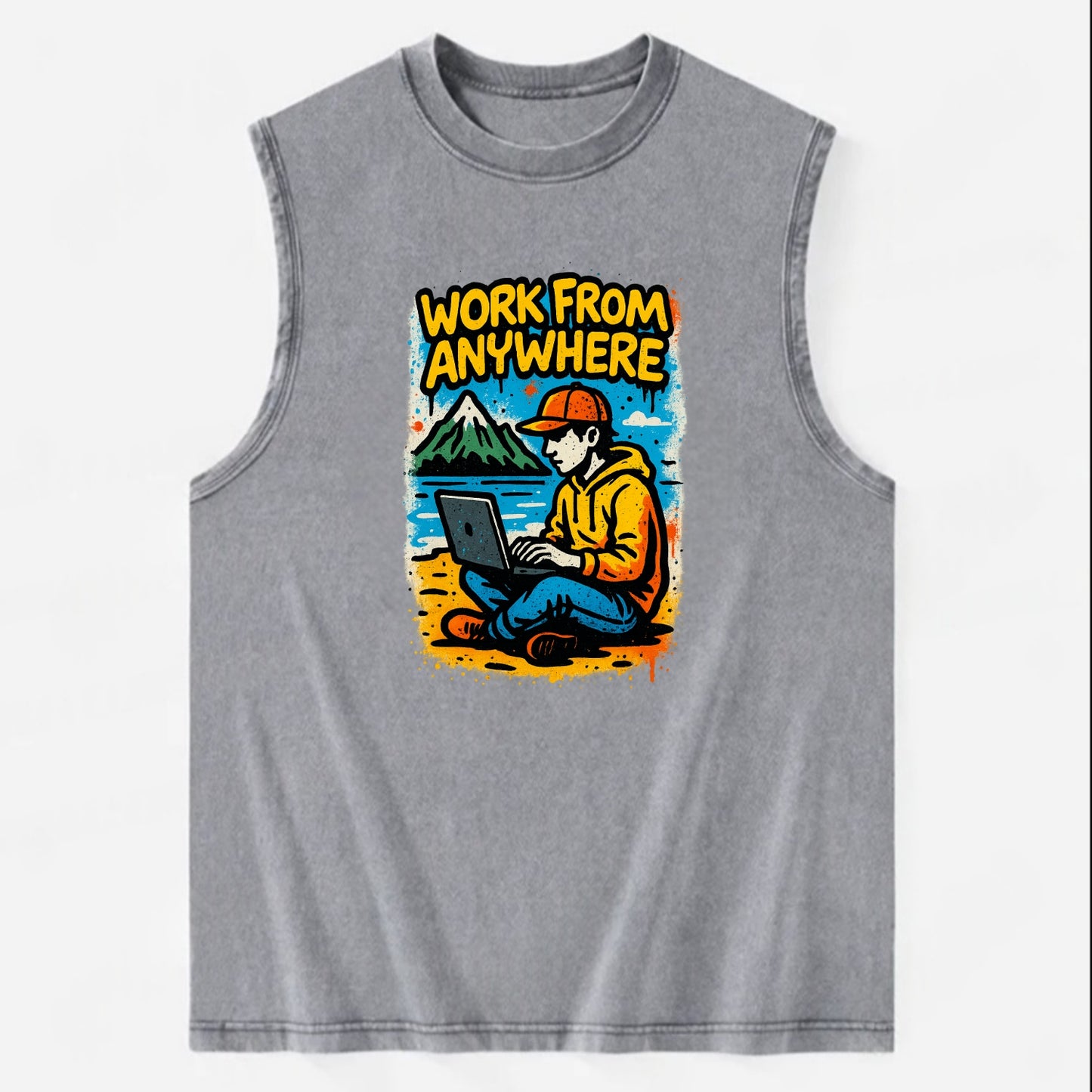 Digital nomad with laptop on beach/mountain - work from anywhere lifestyle, - Vintage Washed Tank - Grey