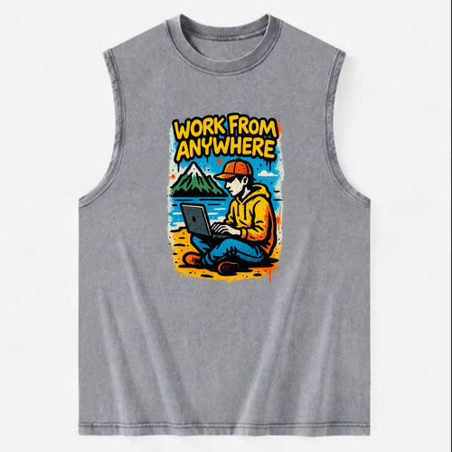Digital nomad with laptop on beach/mountain - work from anywhere lifestyle, - Vintage Washed Tank