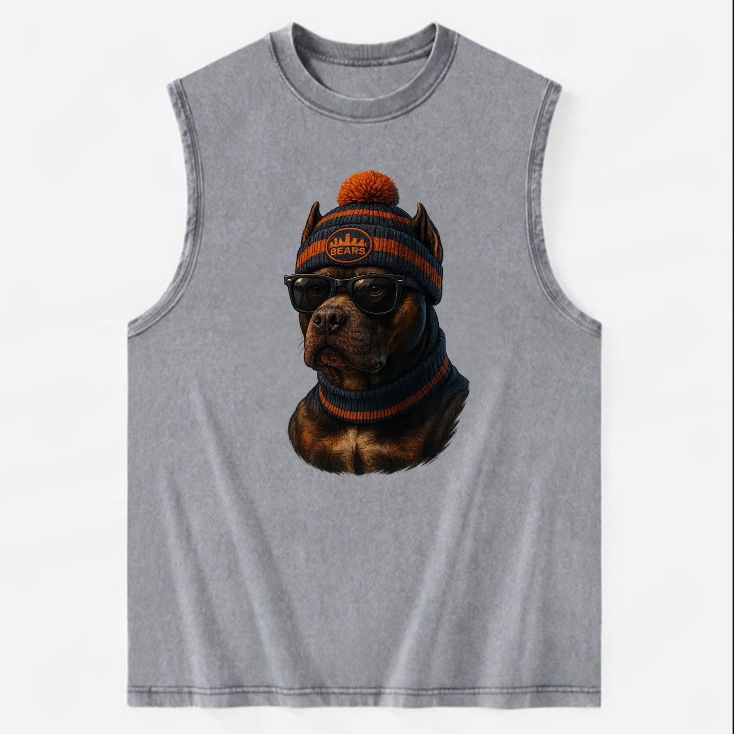 Chicago Pitbull wearing Bears beanie with skyline patch and wayfarer - Vintage Washed Tank - Grey