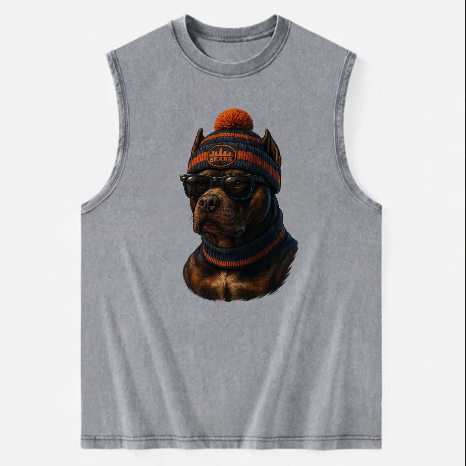 Chicago Pitbull wearing Bears beanie with skyline patch and wayfarer - Vintage Washed Tank - Grey