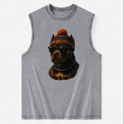 Chicago Pitbull wearing Bears beanie with skyline patch and wayfarer - Vintage Washed Tank - Grey